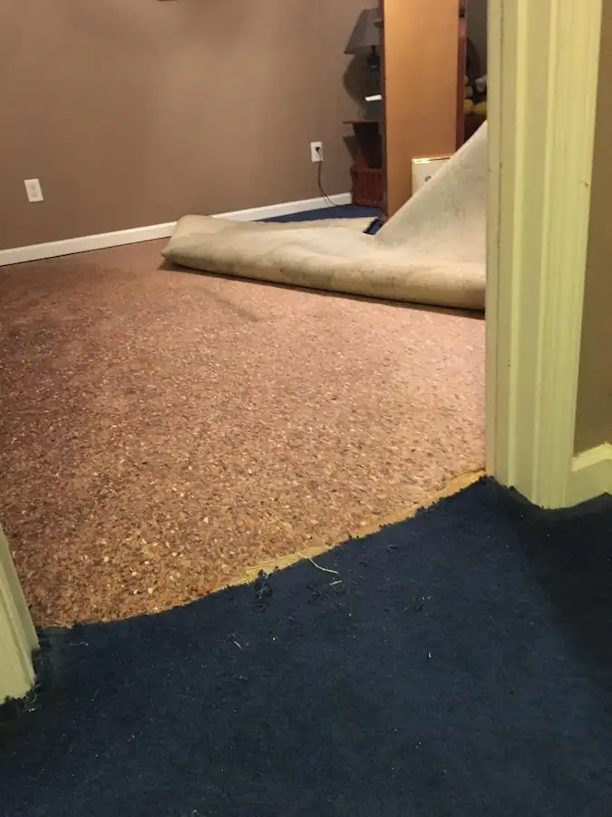 Carpet pad removal revealing water damage during Drying & Dehumidification in Fairfield
